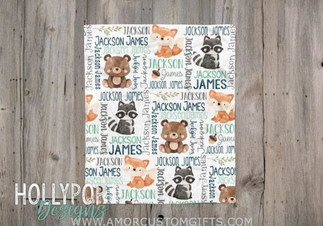 Blankets Woodland Animals Baby Name Blanket, Newborn Boy Custom Name Gift, Boy Name Blanket, Fox Bear Raccoon, Baby Swaddle