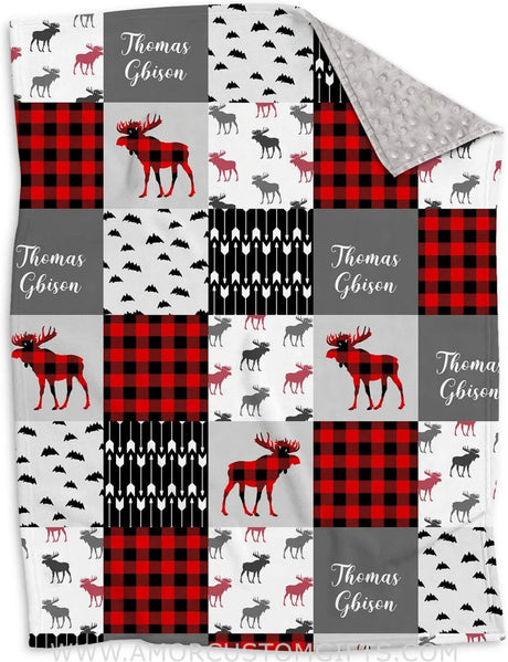 Blankets Woodland Deer Adventure Personalized Baby Blanket, Red Buffalo Plaid Swadding Blanket