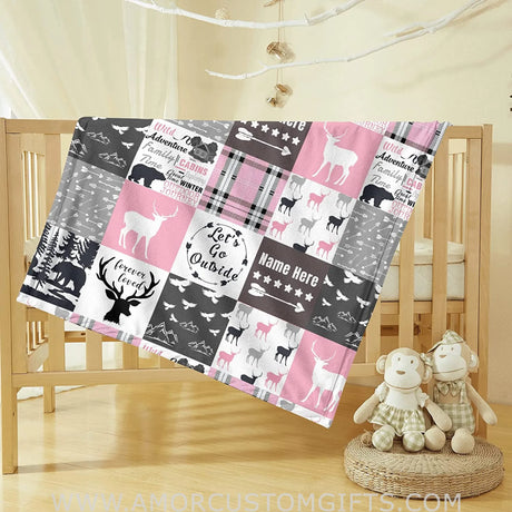Blankets Woodland Deer Pink Minky Baby Blanket, Custom Moose and Bear Swadding Blankets for Baby Girls Kids
