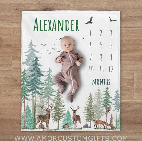Blankets Woodland Milestone Blanket, Custom Forest Anmals Boy Blanket, Personalized Deer Baby Month Blanket, Newborn Gift