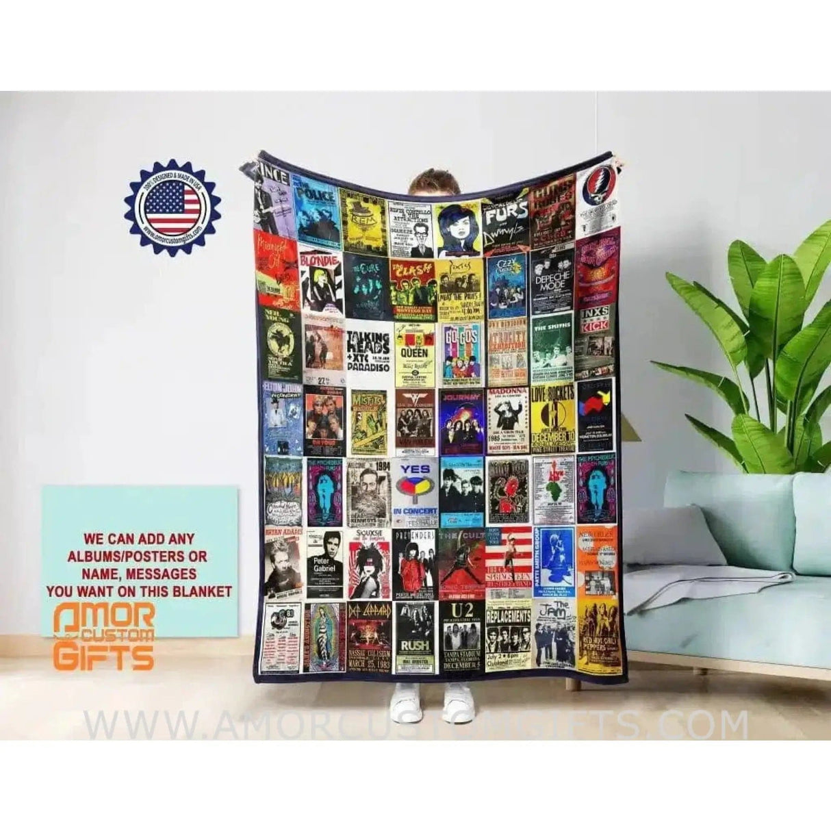 Blankets Vintage 1980s Rock Album Posters Blanket, Personalized Custom Fleece Blanket, Music Lover Gift Throw Tapestry Customized Blanket