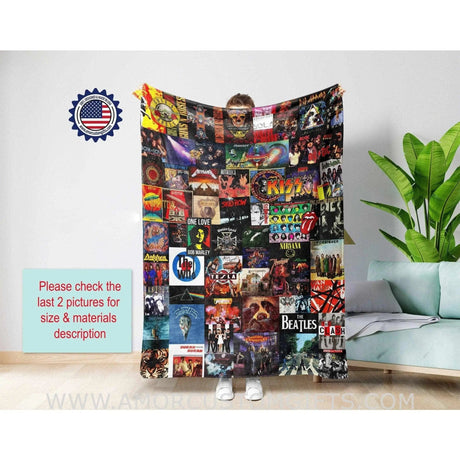 Blankets Vintage 1980s Rock and Roll Album Covers Blanket, Personalized Custom Fleece Blanket, Music Lover Gift Throw Tapestry Customized Blanket