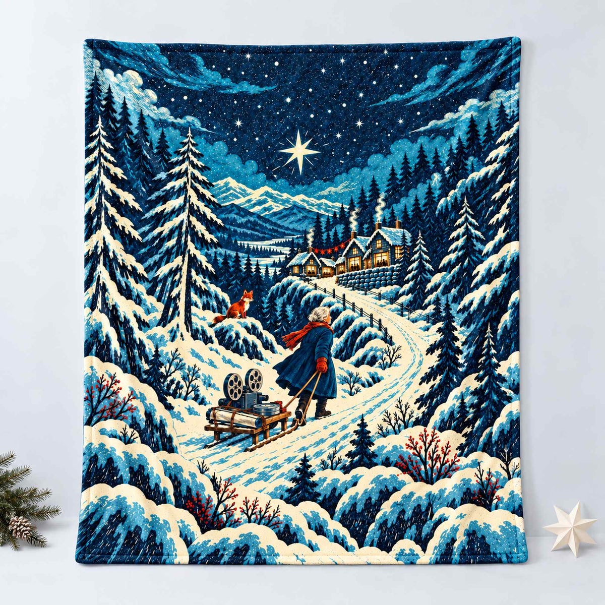 Personalized Winter Projectionist Christmas Blanket - Custom Name Snowy Forest Fox Fleece Throw, Movie Lover Cinema Gift